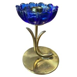 Vintage Gunnar Ander Ystad Metall Brass Cobalt Blue Art Glass Candlestick Holder